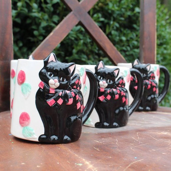 (4)Vtg Wang's International 3D Black Cat Cherries Super rare Handled mugs - Picture 1 of 13